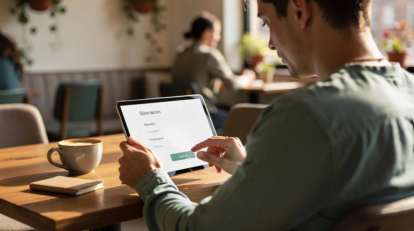 A person is seated at a cafe, focused on completing an online form on a tablet device, likely related to 中小企業貸款 or a loan application. The cafe setting features cozy furnishings and a warm ambiance, providing a relaxed atmosphere for managing financial tasks.