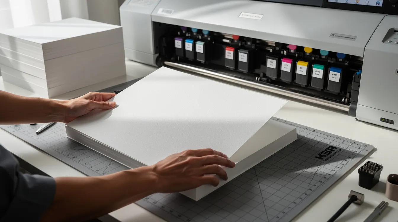 The image depicts hands skillfully operating professional printing equipment at a station, surrounded by high-quality paper and tools, ideal for creating diplomas and transcripts. This setup emphasizes attention to detail and quality, essential for producing realistic diplomas and personalized documents.