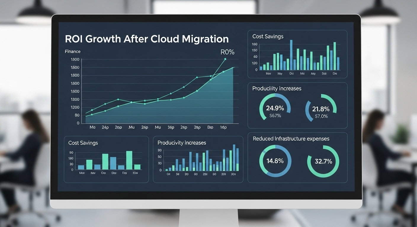 Finance dashboard showing ROI growth after migrating from traditional labs to cloud desktops.