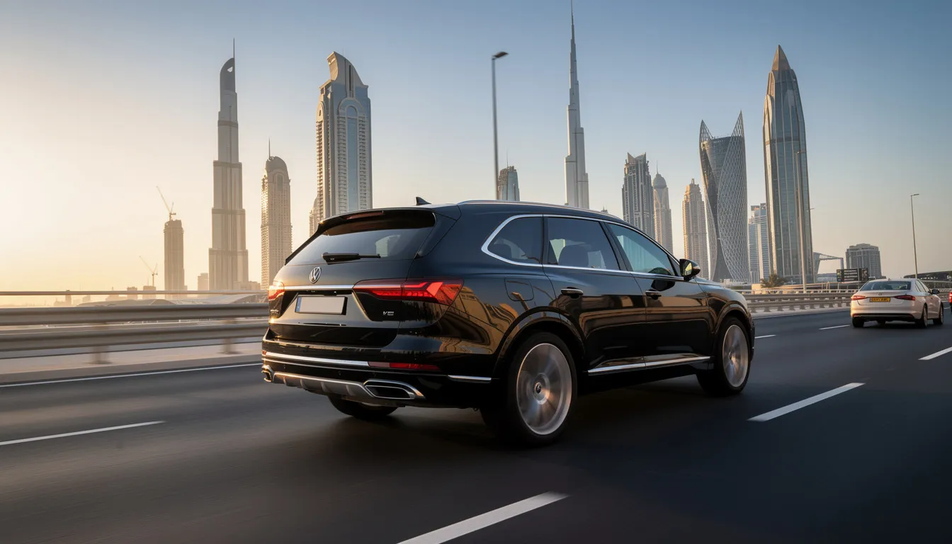 A luxury black SUV is driving along a modern Dubai highway, with the stunning city skyline visible in the background. This scene reflects the high-profile lifestyle often associated with VIP protection services, showcasing the blend of elegance and security in the bustling environment of the United Arab Emirates.