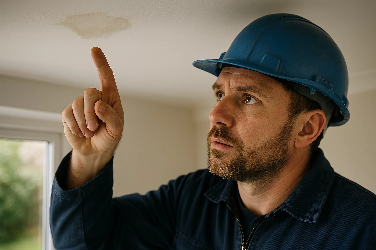 A small water stain on a UK ceiling being inspected for roof damage.