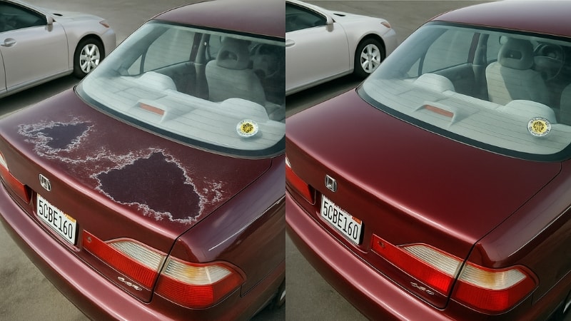 In left, the car paint is fading away due to lack of PPF while the right is secured