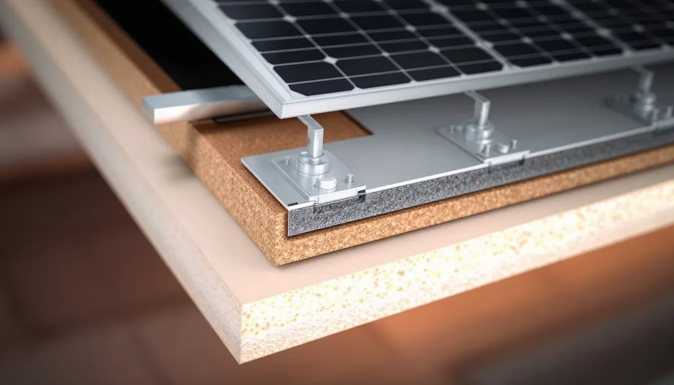 Der Querschnitt eines Indach-Photovoltaiksystems zeigt die sichtbare Unterkonstruktion und Abdichtung, die nahtlos in die Dachstruktur integriert ist. Diese innovative Lösung ermöglicht die Nutzung von Solarenergie, ohne herkömmliche Dachziegel zu verwenden, und trägt zur Effizienz und Ästhetik des Daches bei.