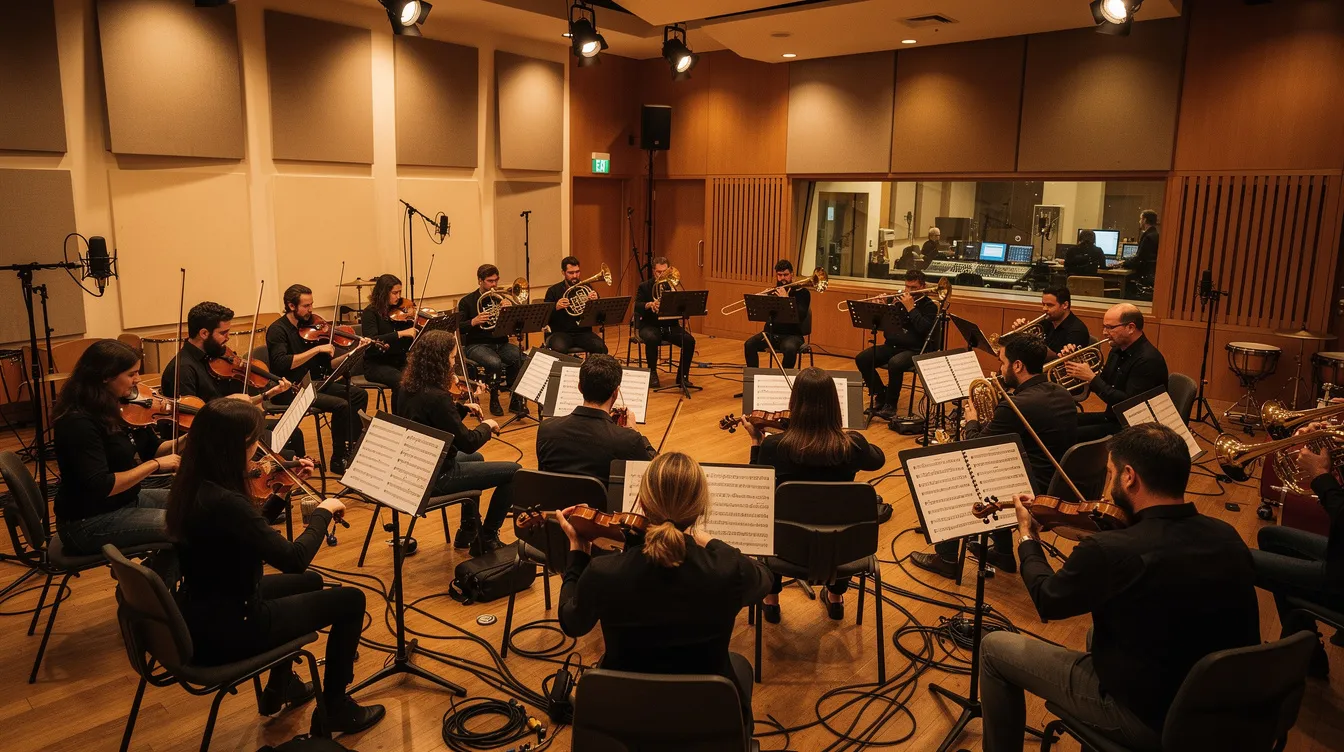 Eine Gruppe von Orchestermusikern steht in einem großen Tonstudio, umgeben von Notenblättern auf ihren Pulten. Die warme Beleuchtung schafft eine einladende Atmosphäre, während sie an einem neuen Musikprojekt arbeiten.