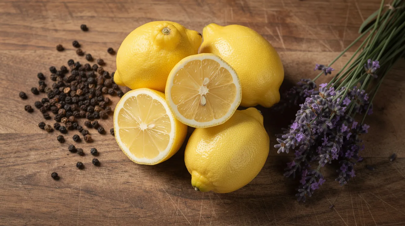 The image features a vibrant arrangement of fresh lemons, black peppercorns, and sprigs of lavender on a rustic wooden surface, showcasing natural terpene sources that may contribute to the flavor profile of modern cannabis strains. This visually appealing display highlights the aromatic qualities often associated with cannabis, appealing to experienced consumers and users interested in the terpene profile of various strains.
