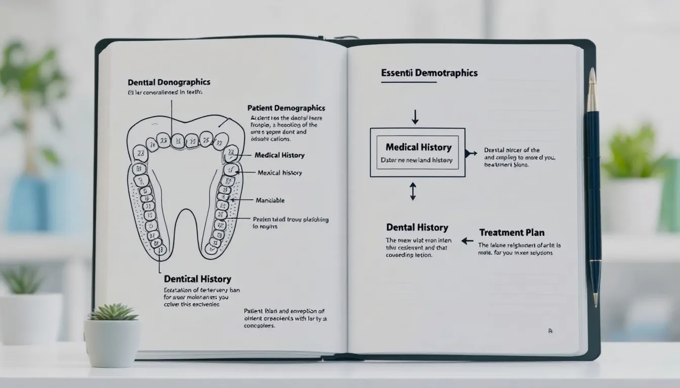 Elementos esenciales de la historia clínica dental, incluyendo documentos y odontogramas.