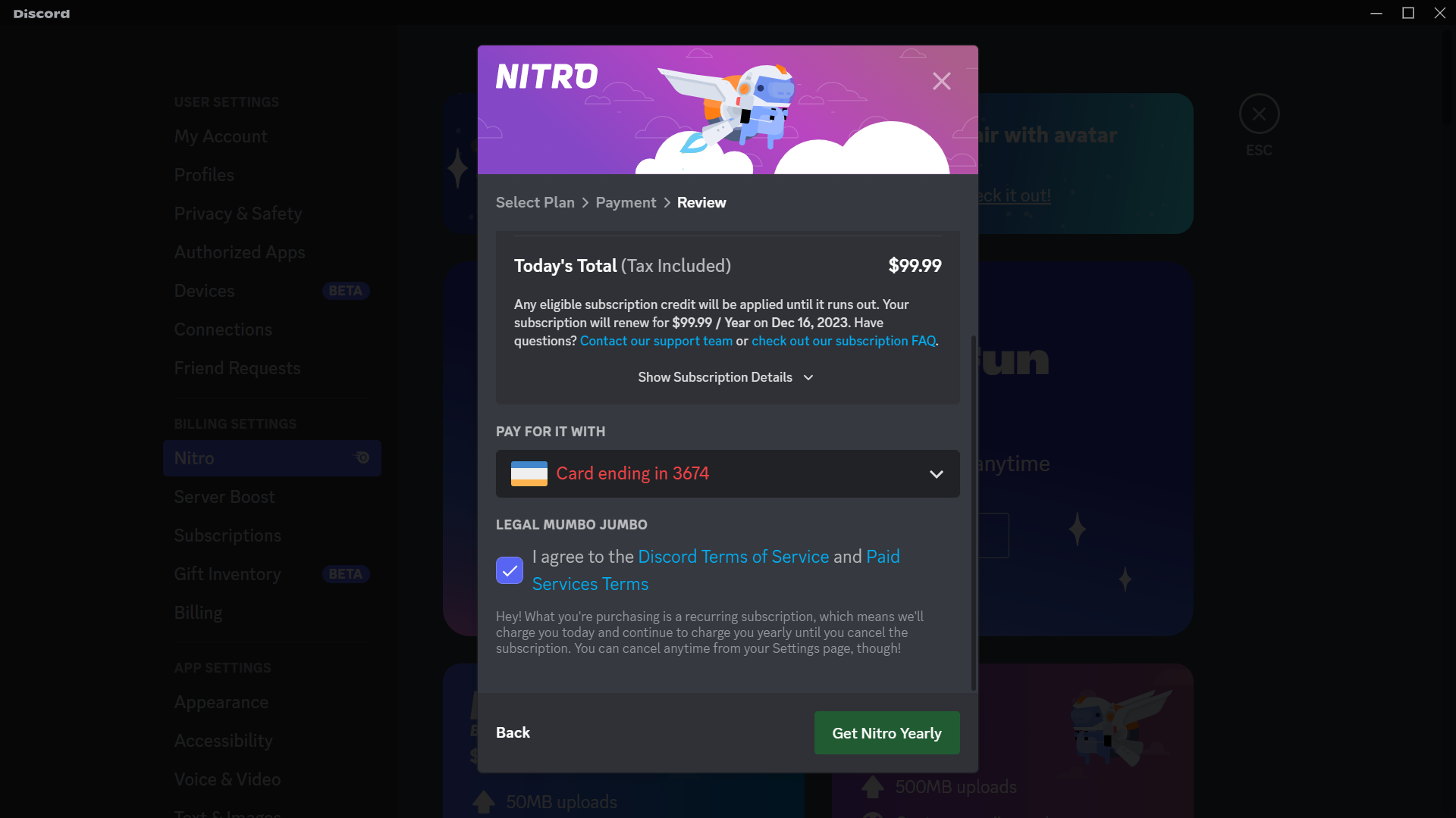 Purchase process for Discord nitro subscription
