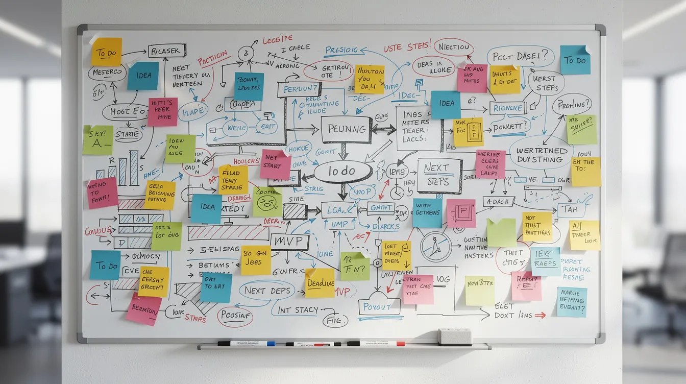The image depicts a whiteboard filled with hand-drawn diagrams, flowcharts, and colorful sticky notes, showcasing a chaotic yet organized brainstorming session. This visual representation may include references to various Obsidian plugins and note-taking strategies, such as daily notes and task management, reflecting a dynamic approach to knowledge organization.
