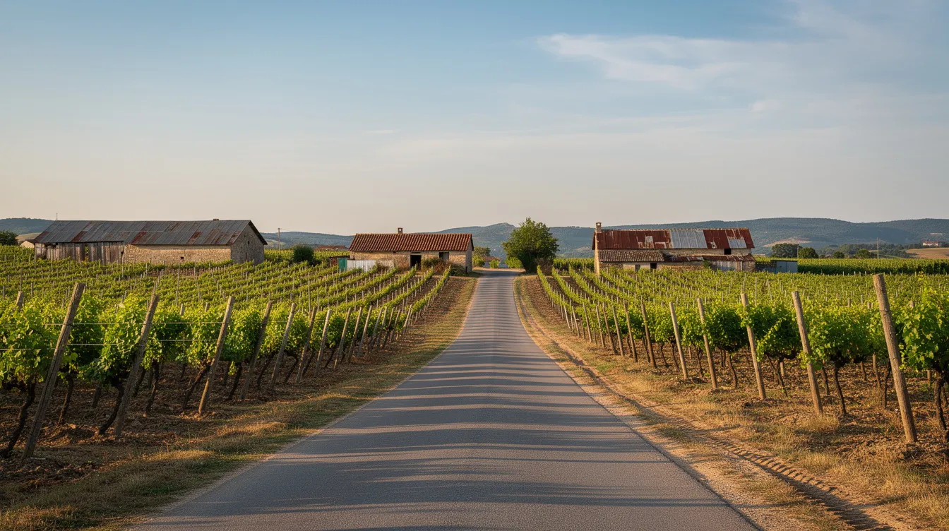 A tranquil rural road meanders through lush vineyards, with a few rustic farm buildings dotting the landscape under a clear blue sky, evoking the serene atmosphere of wine country. This picturesque scene invites visitors to explore wine tasting experiences and vineyard walks, perfect for a memorable day in a beautiful setting.