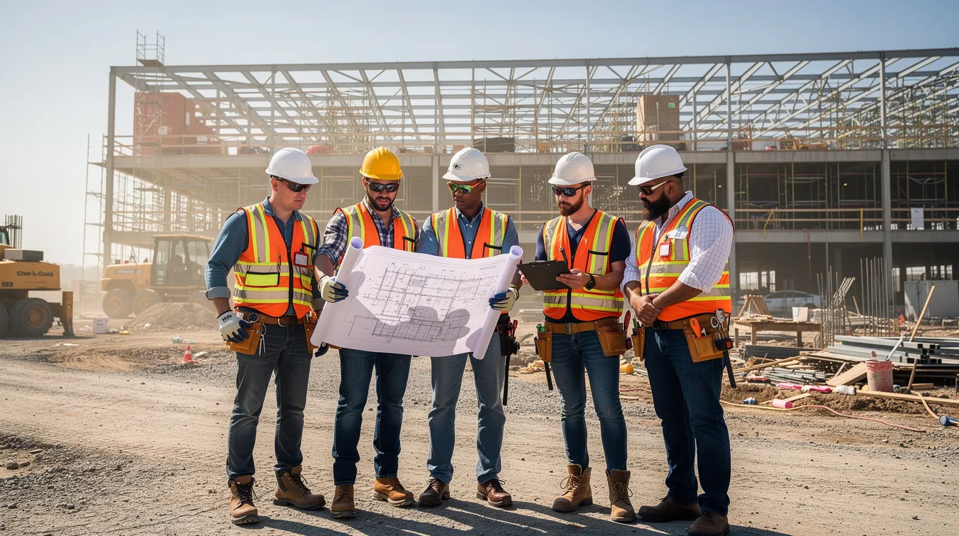 A group of construction workers at a commercial building site in Tennessee are gathered around a table, reviewing safety plans while steel framing rises in the background. This scene highlights essential aspects of the construction industry, emphasizing the importance of safety regulations and high-quality workmanship in project management.