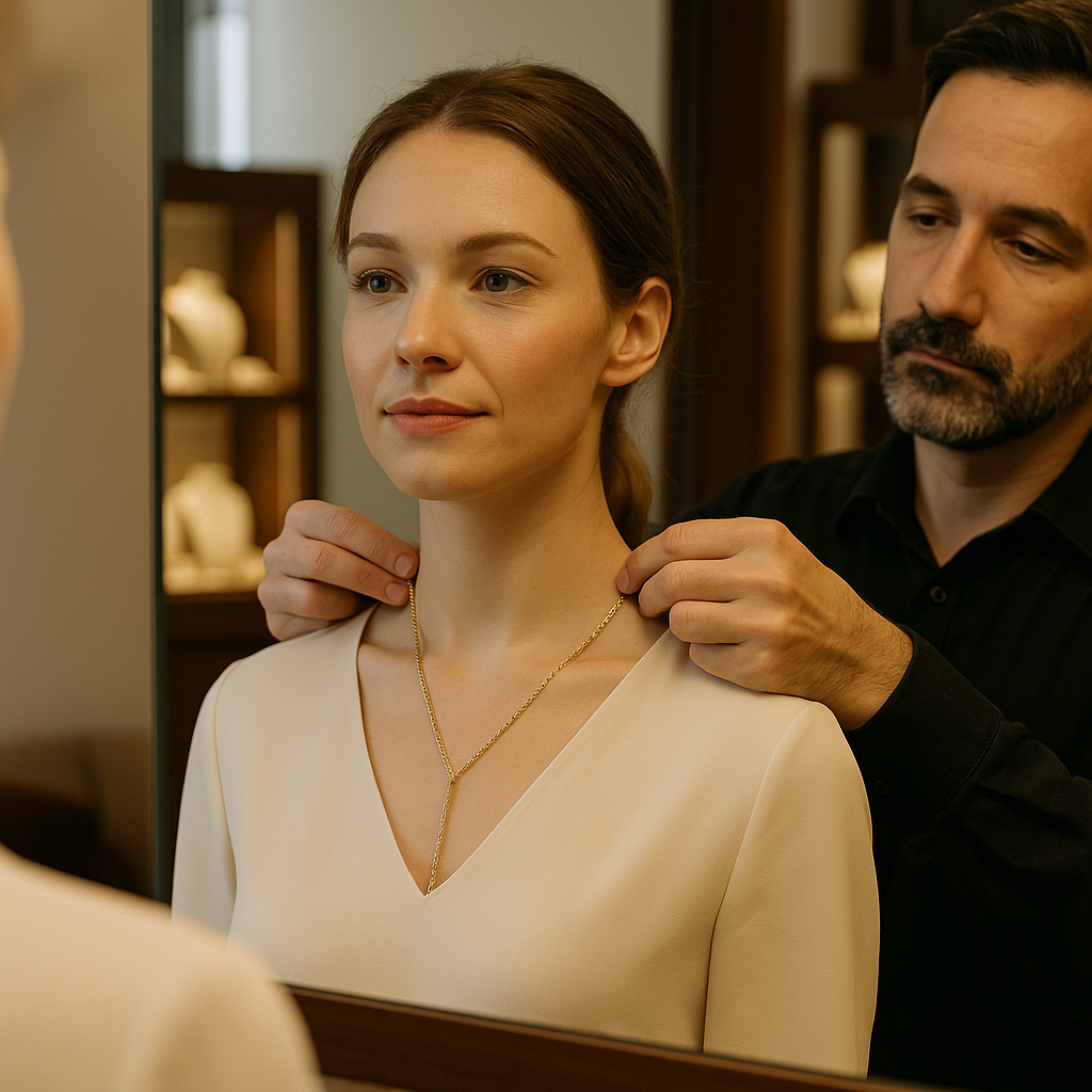 Juvelyras matuoja klientei auksinės grandinėlės ilgį ant kaklo