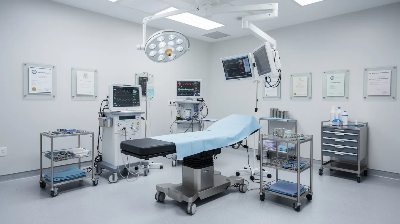 The image depicts a clean and accredited ambulatory surgery center, featuring professional medical equipment arranged neatly in a sterile environment. This facility is designed for procedures such as breast augmentation surgery, ensuring patient safety and optimal results with the latest technology.