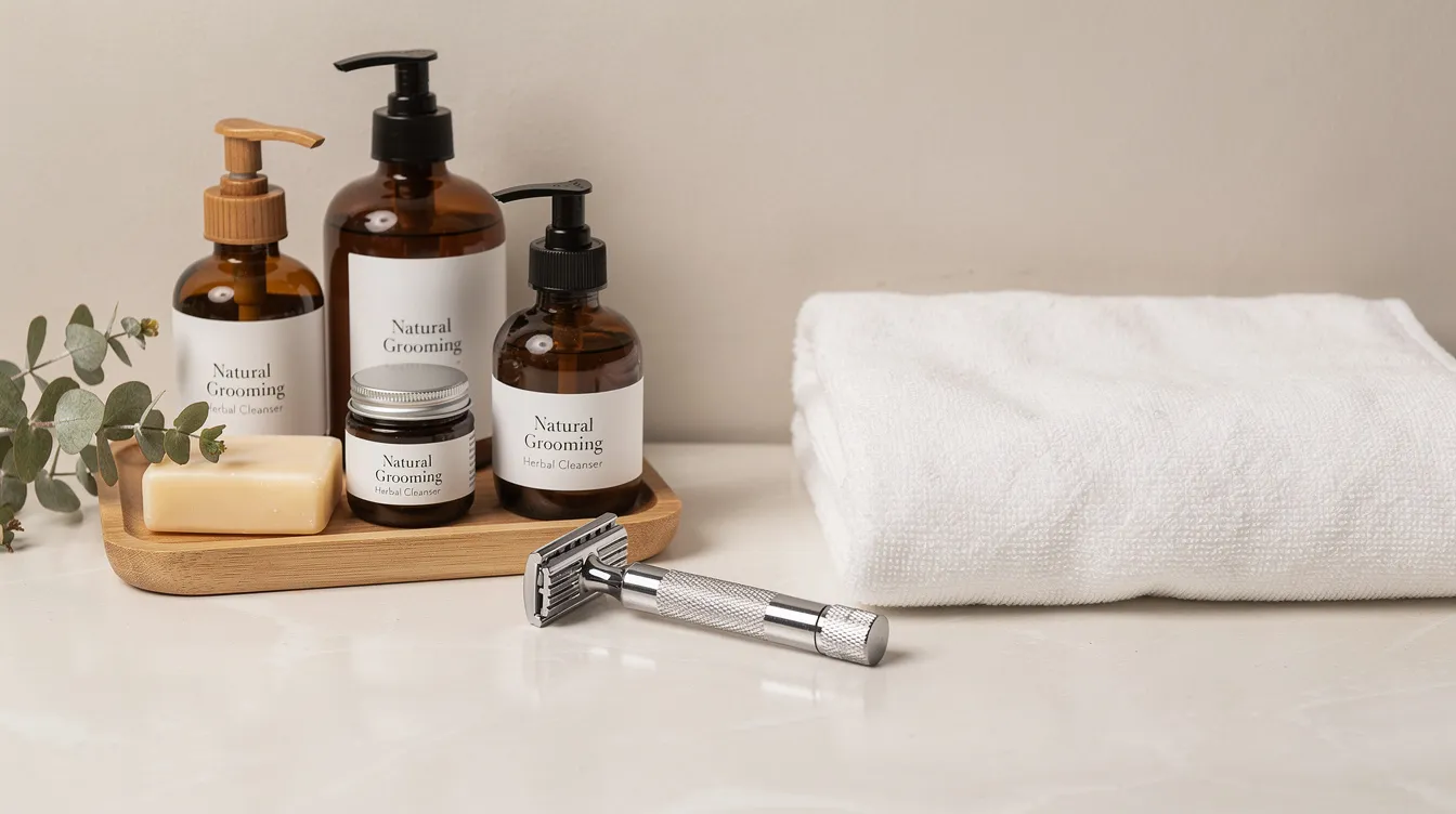 A neatly arranged display of natural grooming products, including a bottle of aftershave and shave balm, sits beside a razor and a soft towel. The products promise to soothe and cool the skin, providing relief from razor burn and irritation with their gentle formulas and refreshing scents.