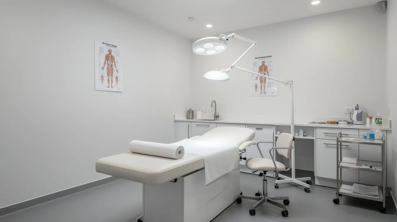 The image depicts a clean and modern medical treatment room featuring a padded table and professional lighting, ideal for procedures like Sculptra butt lift treatments that stimulate the body's natural collagen production. This inviting space is designed for comfort and efficiency during cosmetic procedures, ensuring a relaxed environment for patients.