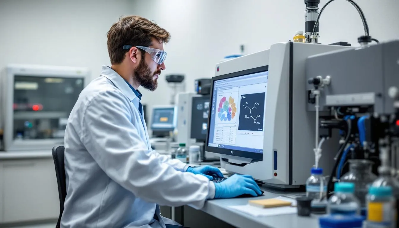 A laboratory technician is focused on operating advanced mass spectrometry equipment, analyzing samples for PFAS chemicals to assess environmental contamination and potential health risks. The process is crucial for ensuring water safety and understanding the health effects of hazardous substances like PFOS in drinking water.