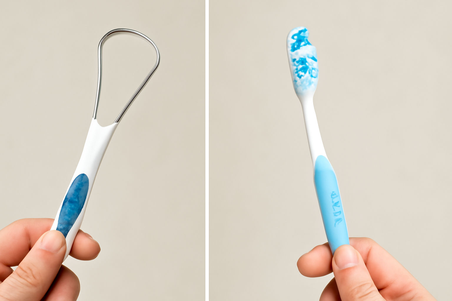 Sammenligning mellom tungeskrape og tannbørste.