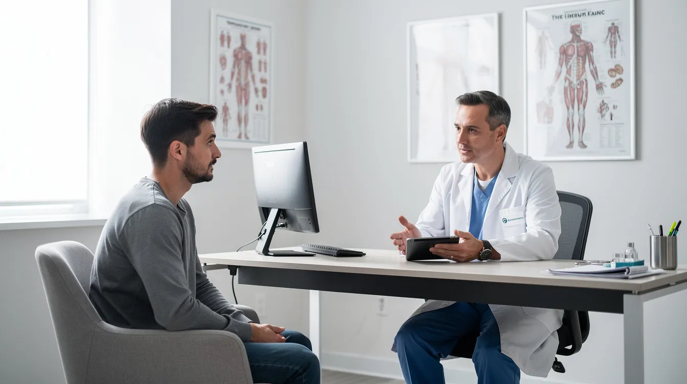 A patient is seated across from a surgeon in a modern medical office consultation room, engaged in an initial consultation about plastic surgery. They are discussing the patient's medical history, potential risks, and financing options, as well as addressing important questions regarding the procedure and overall well-being.