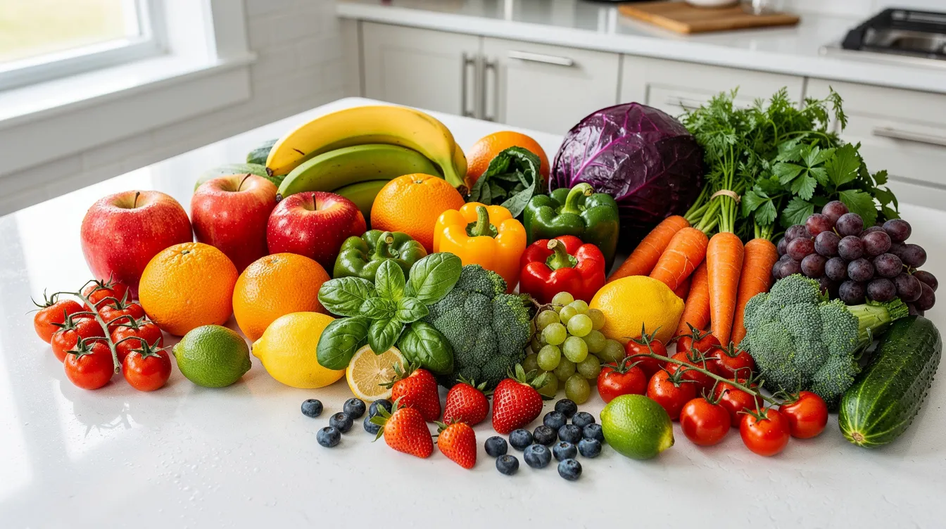 A vibrant assortment of fresh fruits and vegetables is displayed on a kitchen counter, showcasing a variety of colors and textures that highlight their health benefits, including antioxidants and polyphenols. This colorful selection promotes a diet rich in nutrients that may support cardiovascular health and help manage blood sugar levels.