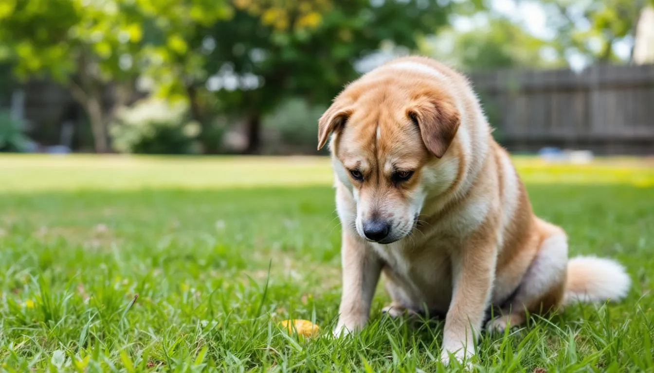 A constipated dog is depicted showing signs of discomfort while attempting to defecate, with a painful abdomen and squatting frequently. This image highlights the challenges many pet parents face with dog constipation symptoms, emphasizing the importance of a high fiber diet and healthy digestion for their dog