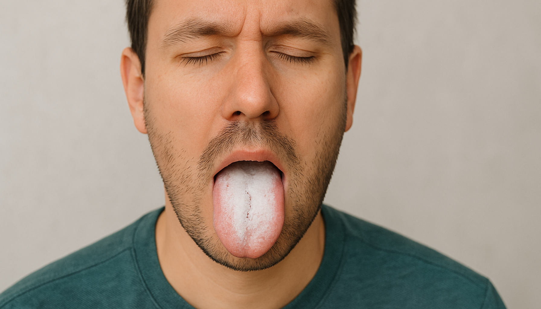 Hvitt Belegg På Tunga? Dette Kan Kroppen Din Prøve Å Fortelle Deg 14 Mann med øynene lukket og hvitt belegg på tunga, viser mulige tegn på oral ubalanse eller helsetilstand.