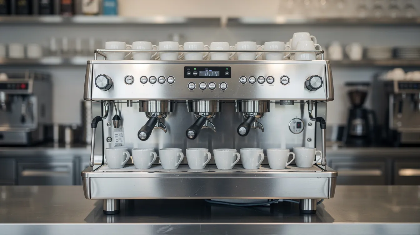 La imagen muestra una cafetera comercial grande de acero inoxidable en una cocina profesional moderna, con varias tazas alineadas a su alrededor, listas para recibir café. Este equipo, diseñado para preparar espresso, destaca por su capacidad y calidad en la elaboración de bebidas.