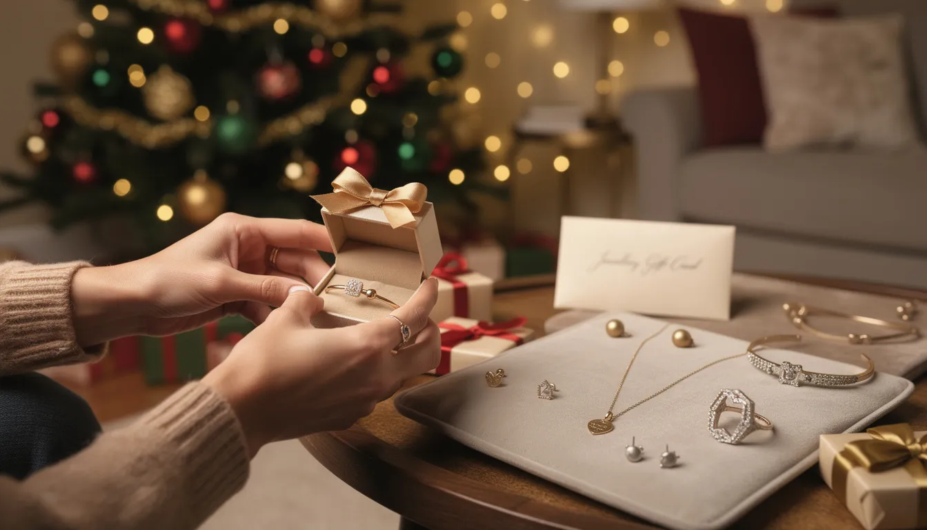 The image showcases a beautifully arranged display of various Christmas jewellery gifts, including eye-catching gold and silver necklaces, bracelets, and earrings, all wrapped with festive ribbons. This selection represents thoughtful options for the perfect Christmas gifts, ideal for loved ones to wear and cherish for years to come.