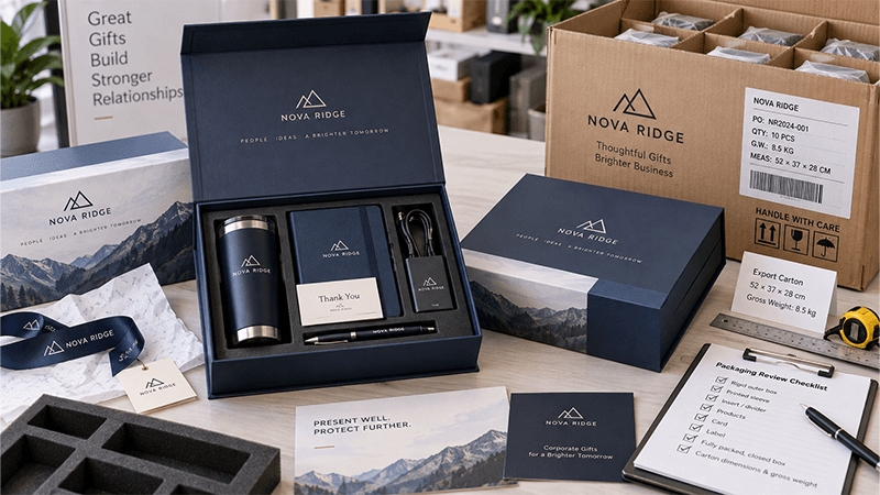 Branded corporate gift set reviewed with fitted packaging, export carton details, and a packing quality-control checklist.