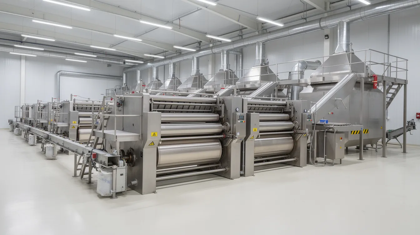 3c447b11 f0a2 4691 8536 db2e2ebc2a11 The image depicts the interior of a modern commercial flour mill, showcasing advanced steel machinery and conveyor systems designed for high production capacity. This efficient setup ensures consistent flour quality and smooth operation, highlighting the mill's ability to grind wheat and produce finely ground flour with minimal manual intervention.