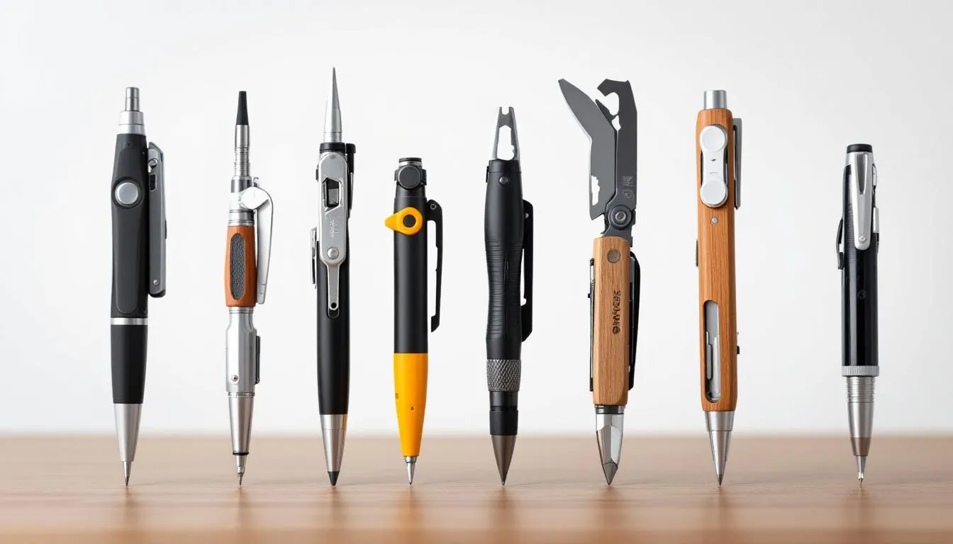 An assortment of multi tool pens displayed on a desk, featuring various designs that include a ballpoint pen, touchscreen stylus, and additional tools like a Phillips screwdriver and ruler, all in sleek black finishes. These versatile tool pens are perfect for writing and tackling small tasks at work or home.