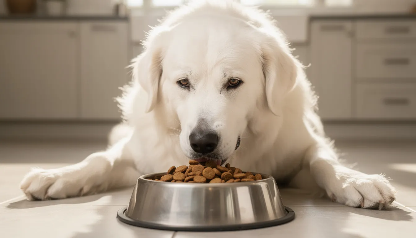 A Great Pyrenees dog, known for its gentle demeanor and thick double coat, is happily eating high-quality kibble from a bowl. This large breed, often regarded as a loyal family dog and livestock guardian, showcases its affectionate nature as it enjoys mealtime.