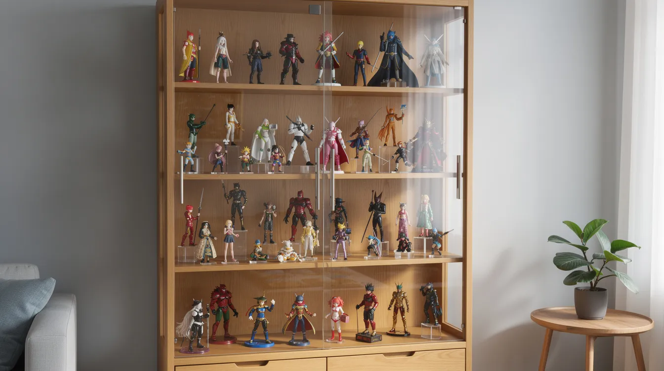 The image features a neatly organized home display cabinet showcasing a collection of anime figures arranged by series, including popular titles like Dragon Ball. This display is perfect for anime fans and collectors looking to admire and showcase their favorite characters in an authentic and visually appealing way.