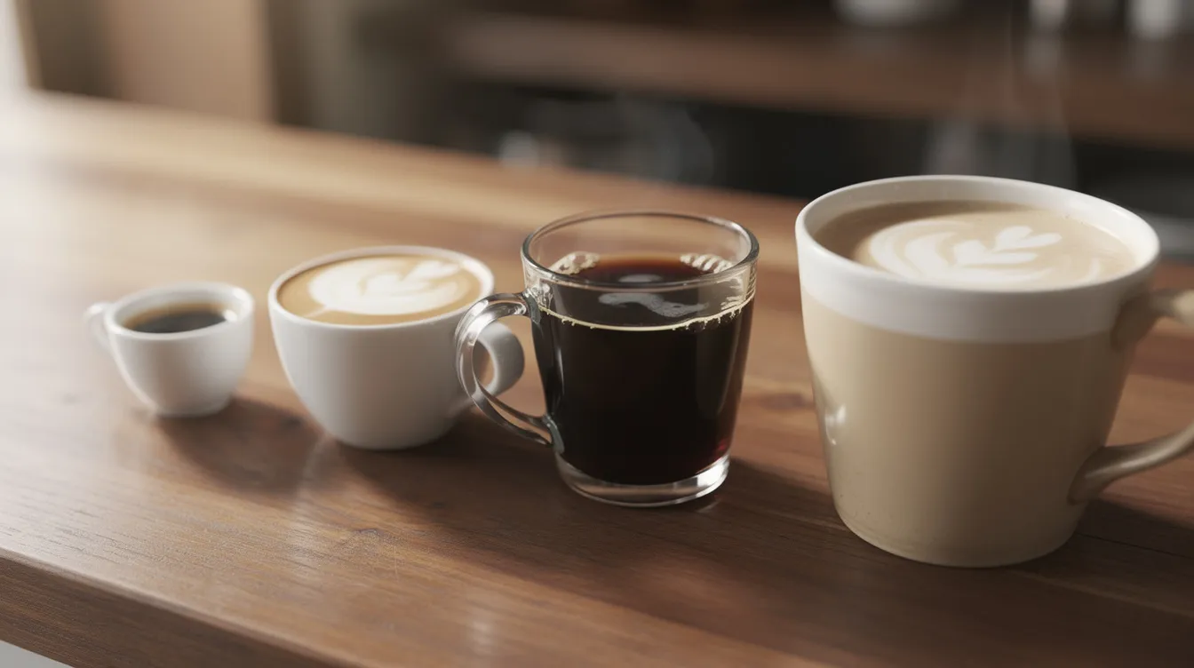 Różne rodzaje kawy od małego espresso po większe napoje kawowe