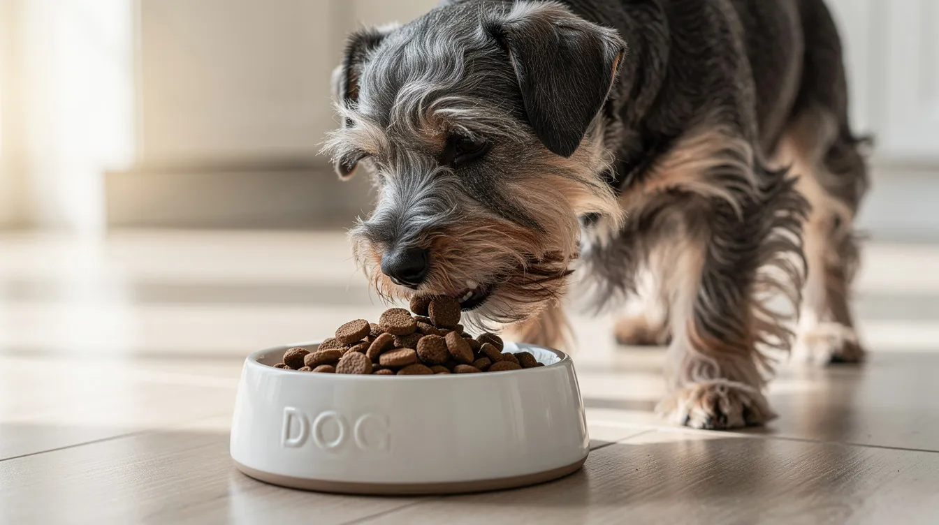 A Cesky Terrier is happily eating high-quality kibble from a dog bowl, showcasing its silky, slightly wavy coat and friendly personality. This small dog breed, known for its unique appearance and active nature, enjoys a balanced diet to maintain its health and energy.