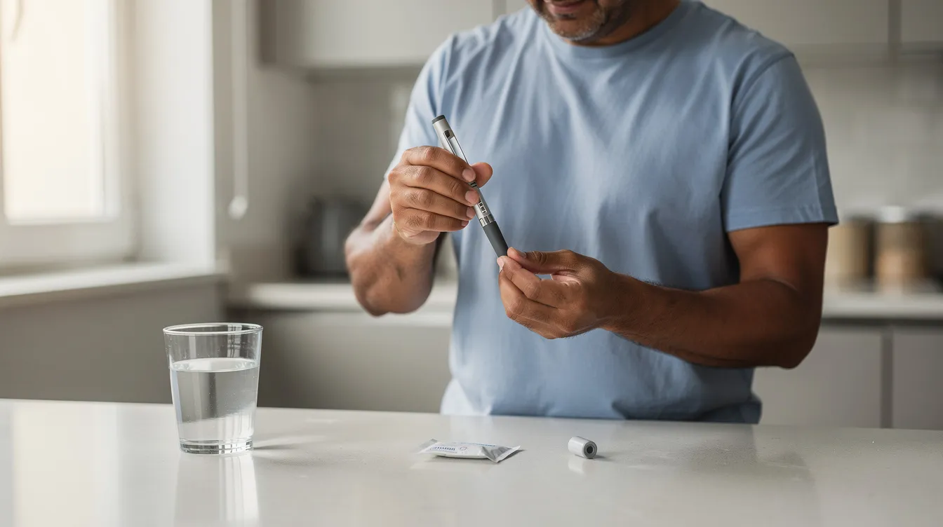 A man is preparing a weekly injection pen on a kitchen counter, with a glass of water nearby, indicating his commitment to managing his weight and health. This scene reflects the importance of weight loss medication in chronic weight management and the individual's effort to follow a healthy eating plan.
