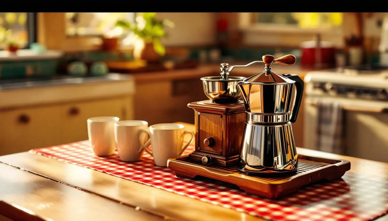 Essential equipment for brewing coffee at home, including a coffee maker and grinder.