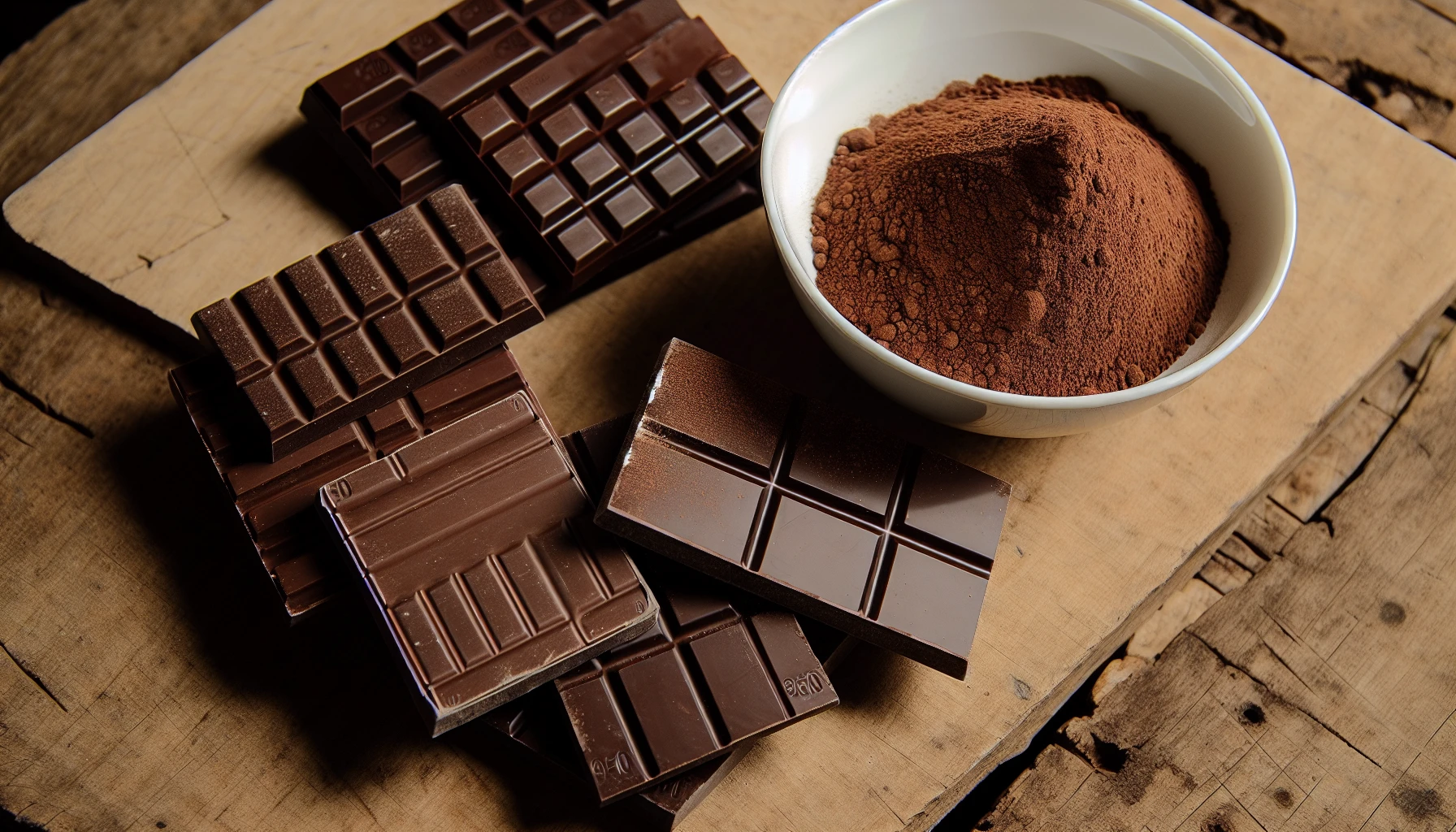 Variety of chocolate bars and cocoa powder