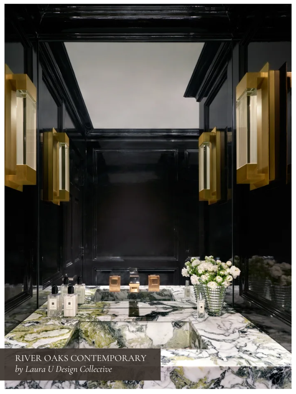 Powder Room designed by Laura U Design Collective with a vessel sink and minimal natural light