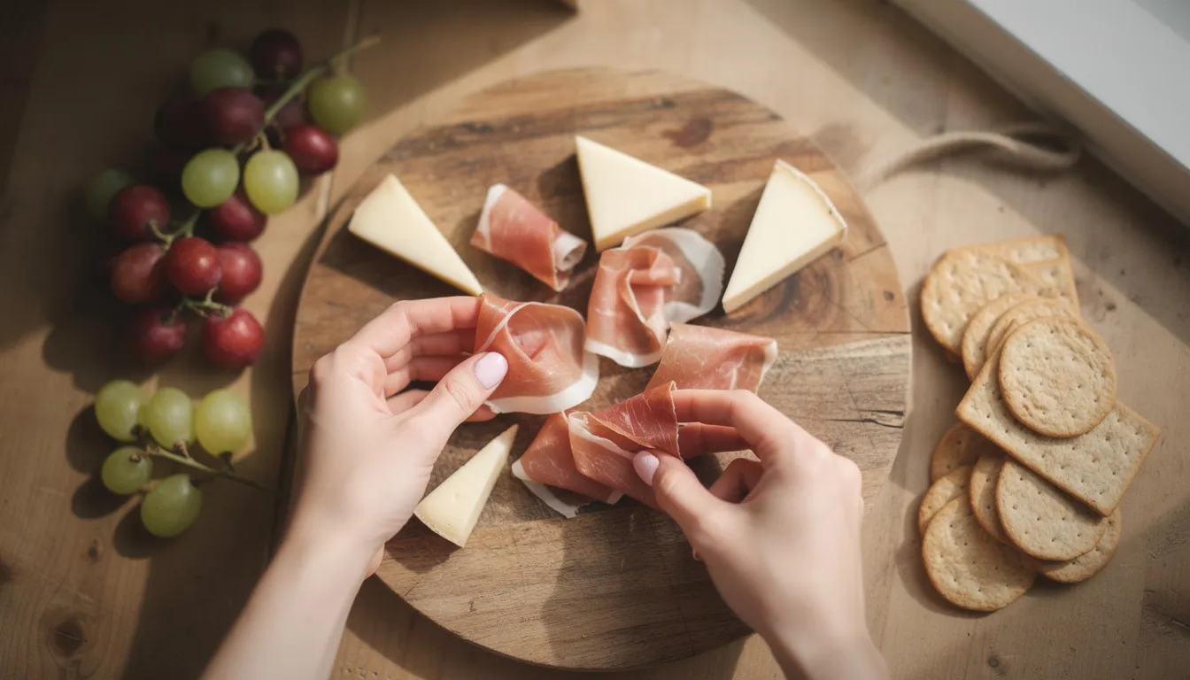 A pair of hands is carefully arranging slices of prosciutto and various cheeses on a wooden cutting board, accompanied by gluten free crackers, fresh grapes, and small bowls of olives. This delightful setup showcases a beautiful gluten free charcuterie board, perfect for entertaining guests with delicious cured meats and fresh fruit.