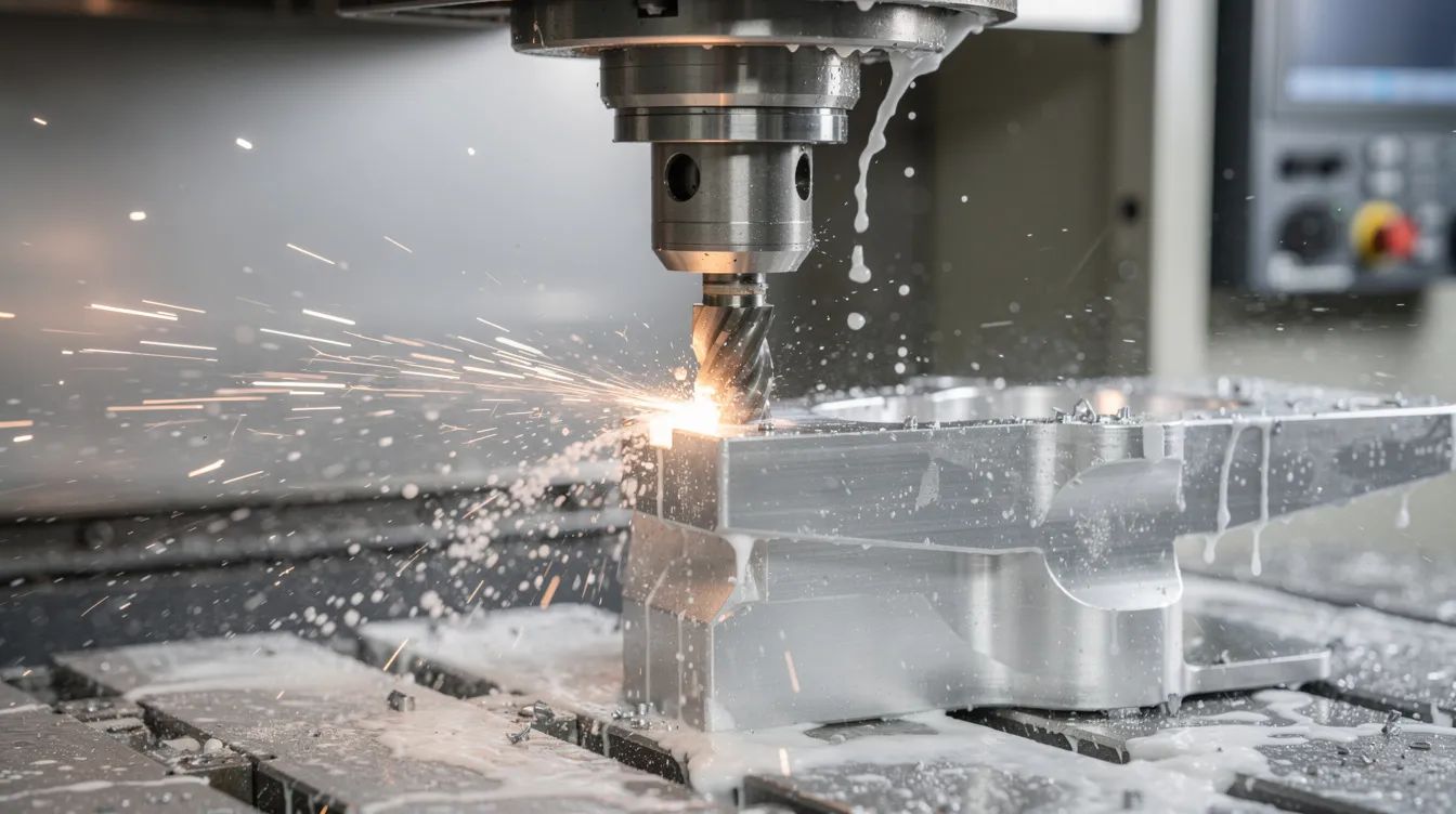 A close-up view of a CNC machining center actively cutting an aluminum part, with coolant spraying and metal chips flying around, showcasing the precision and efficiency of modern manufacturing processes. This image highlights the use of computer numerical control (CNC) technology in machining parts for various industries, including aerospace and automotive.