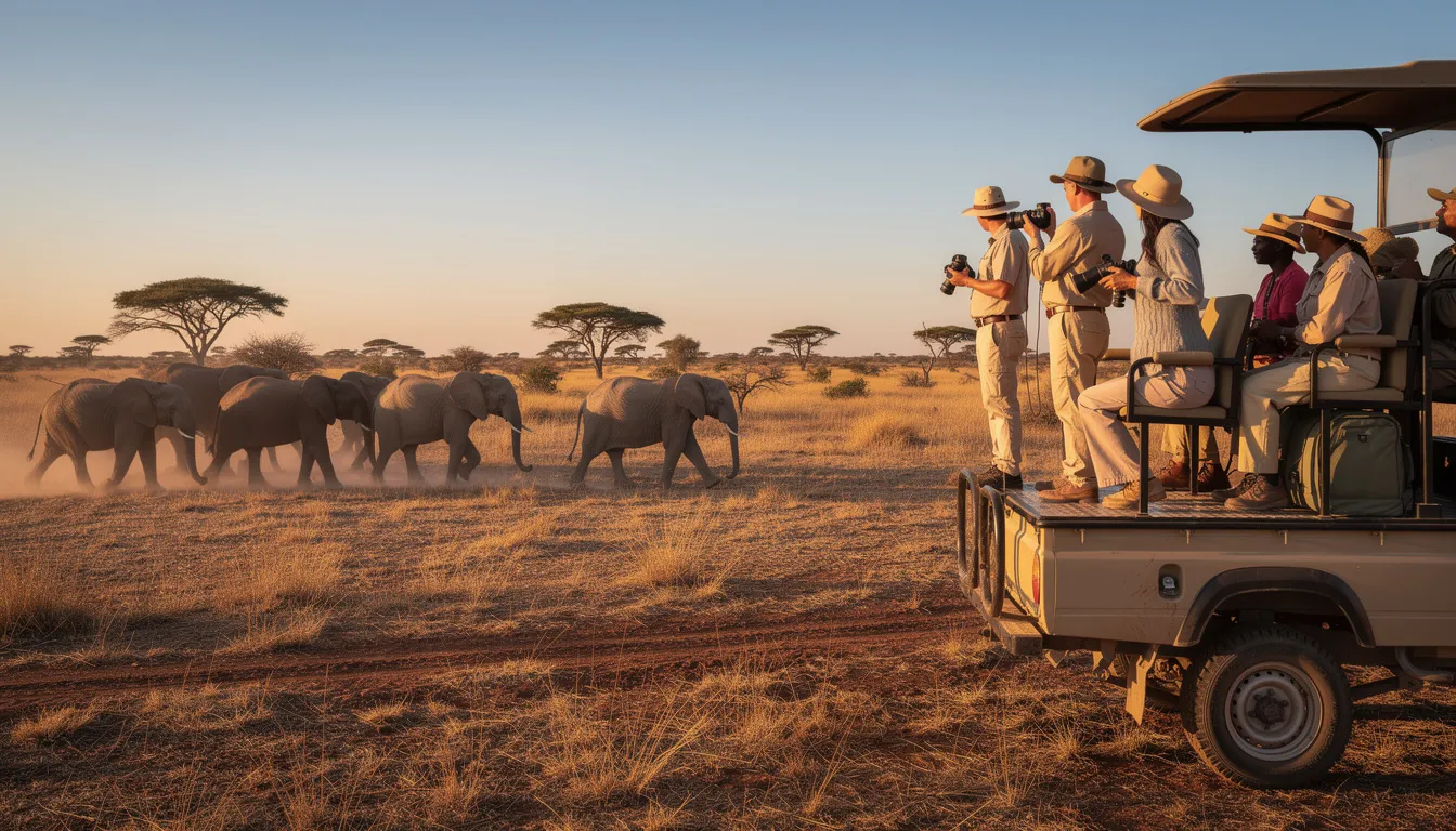 A safari vehicle filled with tourists is parked on a dusty African plain, where they are observing a herd of elephants gracefully walking across the landscape. This scene captures the essence of wildlife adventures in Tanzania's national parks, offering a glimpse into the rich biodiversity of the region.