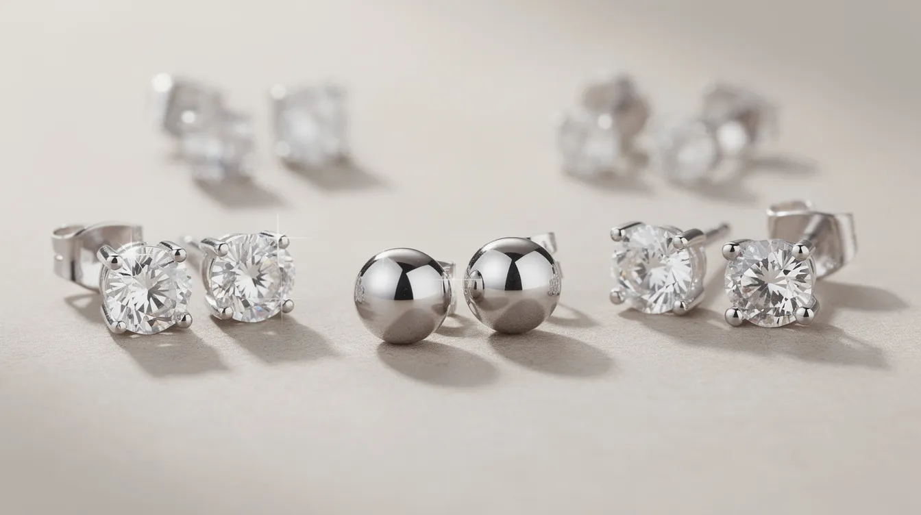 A close-up image showcases a selection of elegant sterling silver stud earrings, including classic silver studs, sparkling cubic zirconia, and shimmering diamond earrings, all arranged beautifully in a jewellery box. The versatile designs highlight their timeless appeal, making them perfect accessories for any occasion.