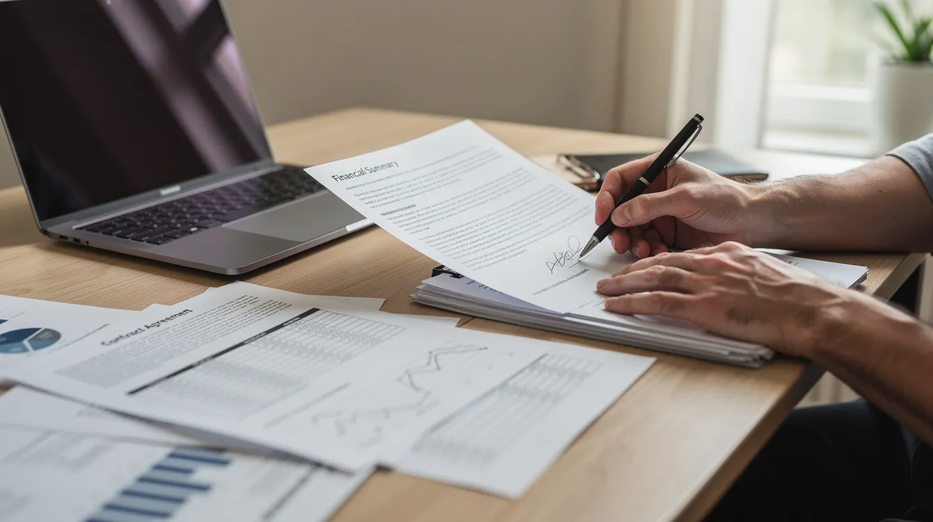 A close-up image shows hands carefully reviewing financial and legal documents next to a laptop, emphasizing the complexities of regulatory compliance in the digital asset space. The scene highlights the importance of advising clients on legal issues related to blockchain technology and digital assets, including smart contracts and securities laws.