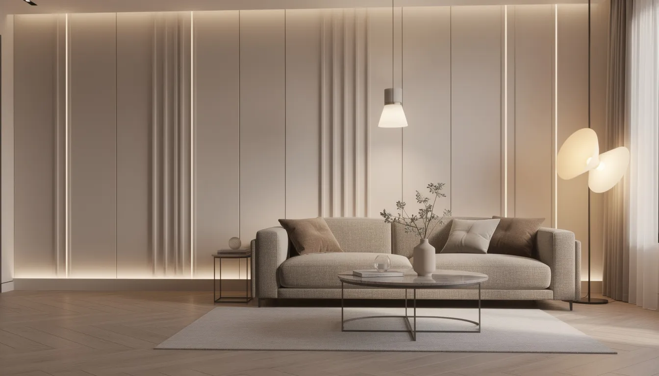 Een stijlvol interieur met akoestische wandpanelen, een designbank en sfeervolle verlichting creëert een professionele uitstraling. De nette afwerking en de juiste voorbereiding van de wandpanelen zorgen voor een strak resultaat in de woonkamer.