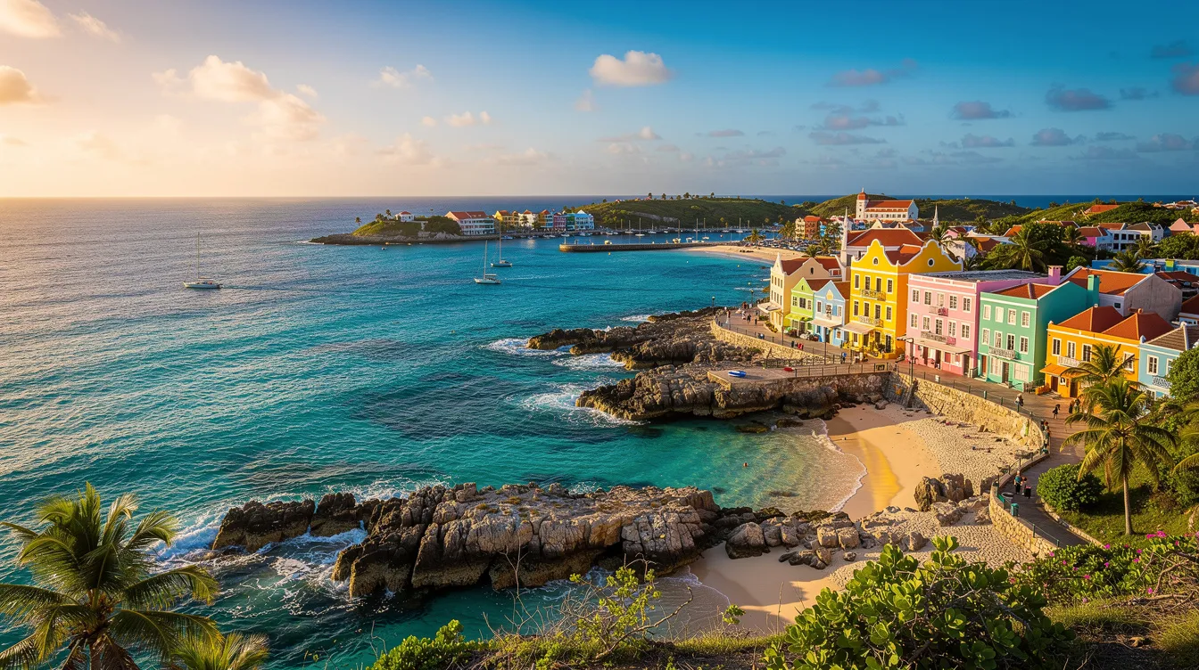 Uma vista deslumbrante de Curaçao no verão, com suas águas azul turquesa refletindo o sol, cercada por praias paradisíacas e uma arquitetura colorida típica de Willemstad. O cenário é perfeito para quem busca experiências inesquecíveis nas ilhas do Caribe.