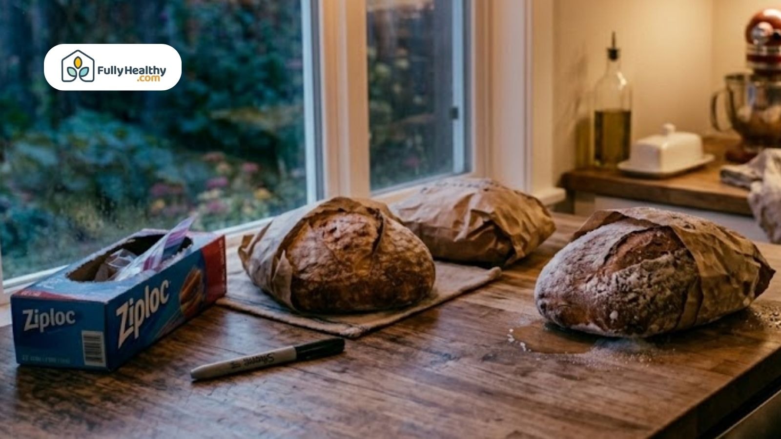 Two sourdough loaves wrapped in paper next to ziplock bag and marker for labeling