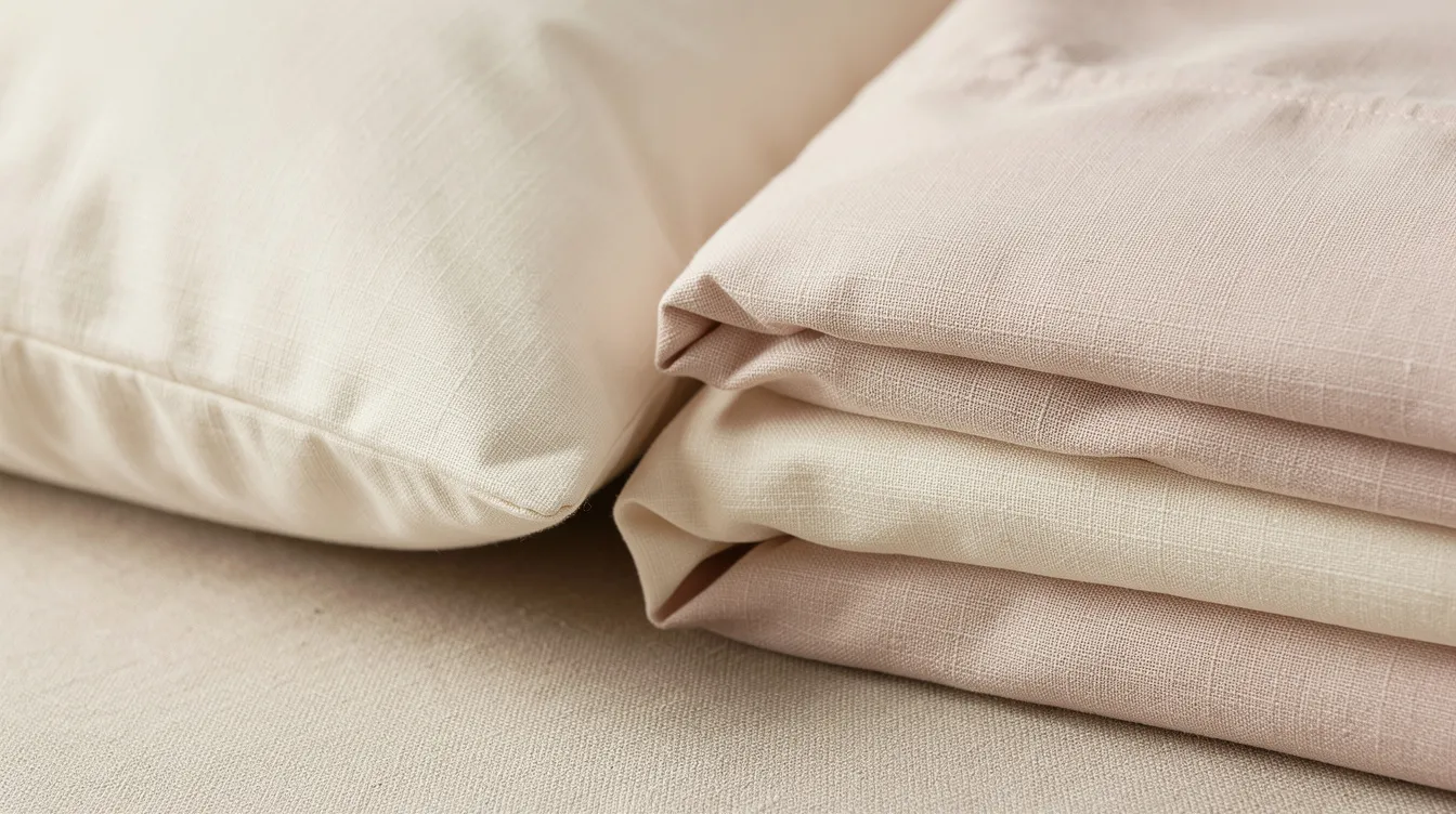 A close-up view of elegantly folded cream and pale blush pillowcases made from high-quality silk fabric, showcasing their soft woven texture, ideal for enhancing sleep quality and benefiting delicate facial skin. These pure silk pillowcases are perfect for those with sensitive skin or acne-prone skin, providing a smoother surface compared to cotton.