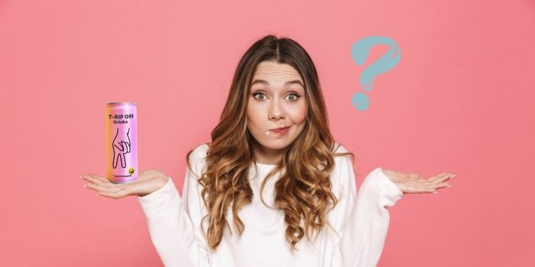What are we supposed to feel from CBD drinks? A woman with a CBD drink looking confused against a pink background.