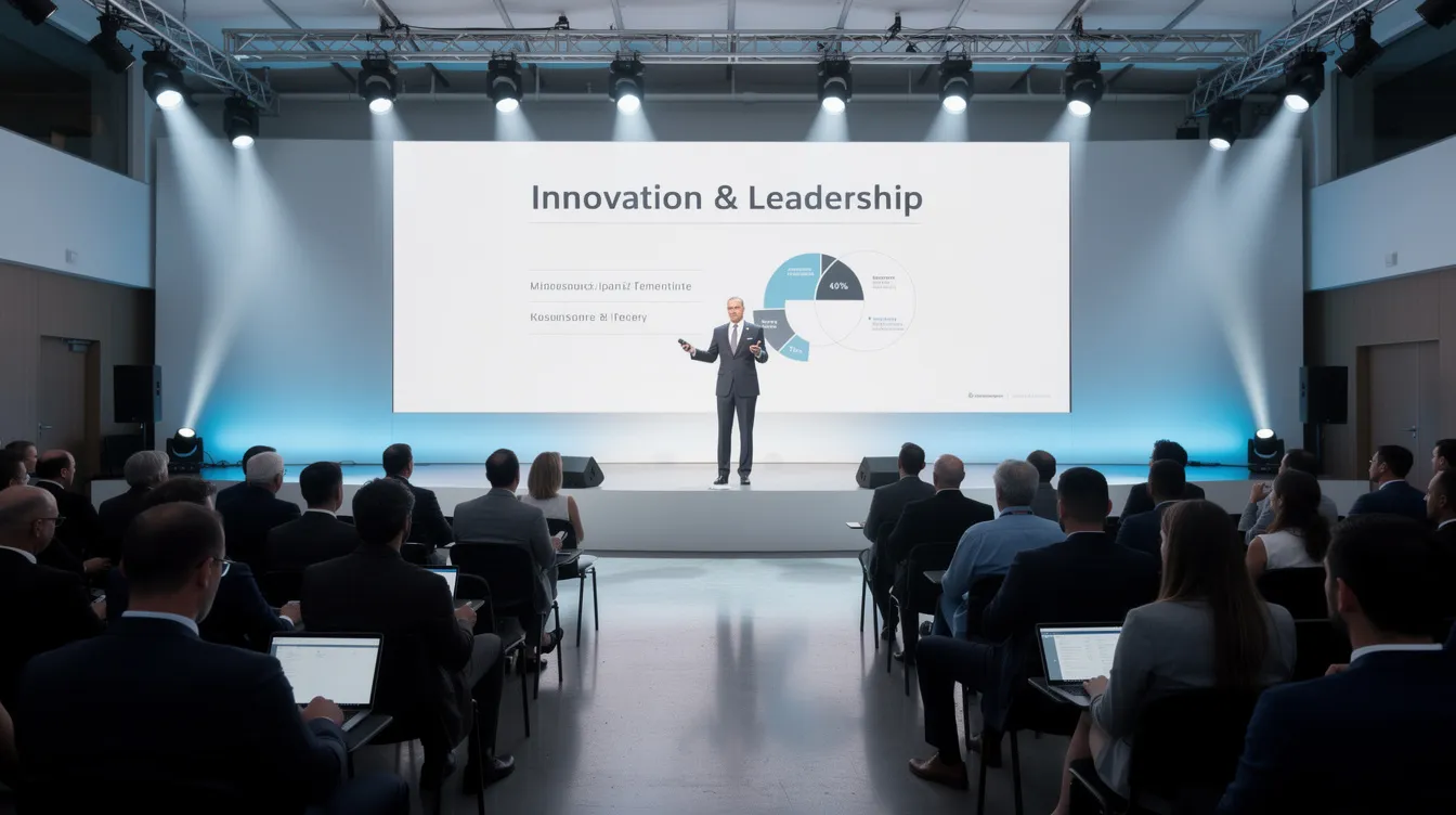 A professional keynote speaker stands confidently on a large stage during a corporate event, addressing an engaged audience. The setup includes a confidence monitor and technical equipment, highlighting the importance of speaker requirements and effective presentation in in-person events.
