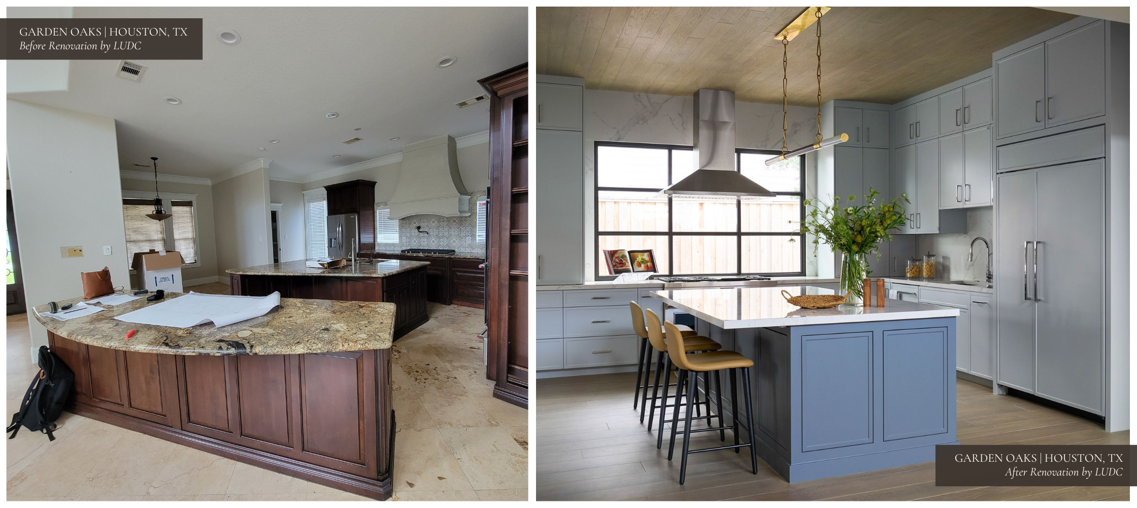 Left: A kitchen with dark wood cabinetry, granite countertops, and outdated appliances.
Right: A bright, modern kitchen with pale blue cabinetry, a large picture window, a central island, and brass light fixtures, emphasizing openness and flow.