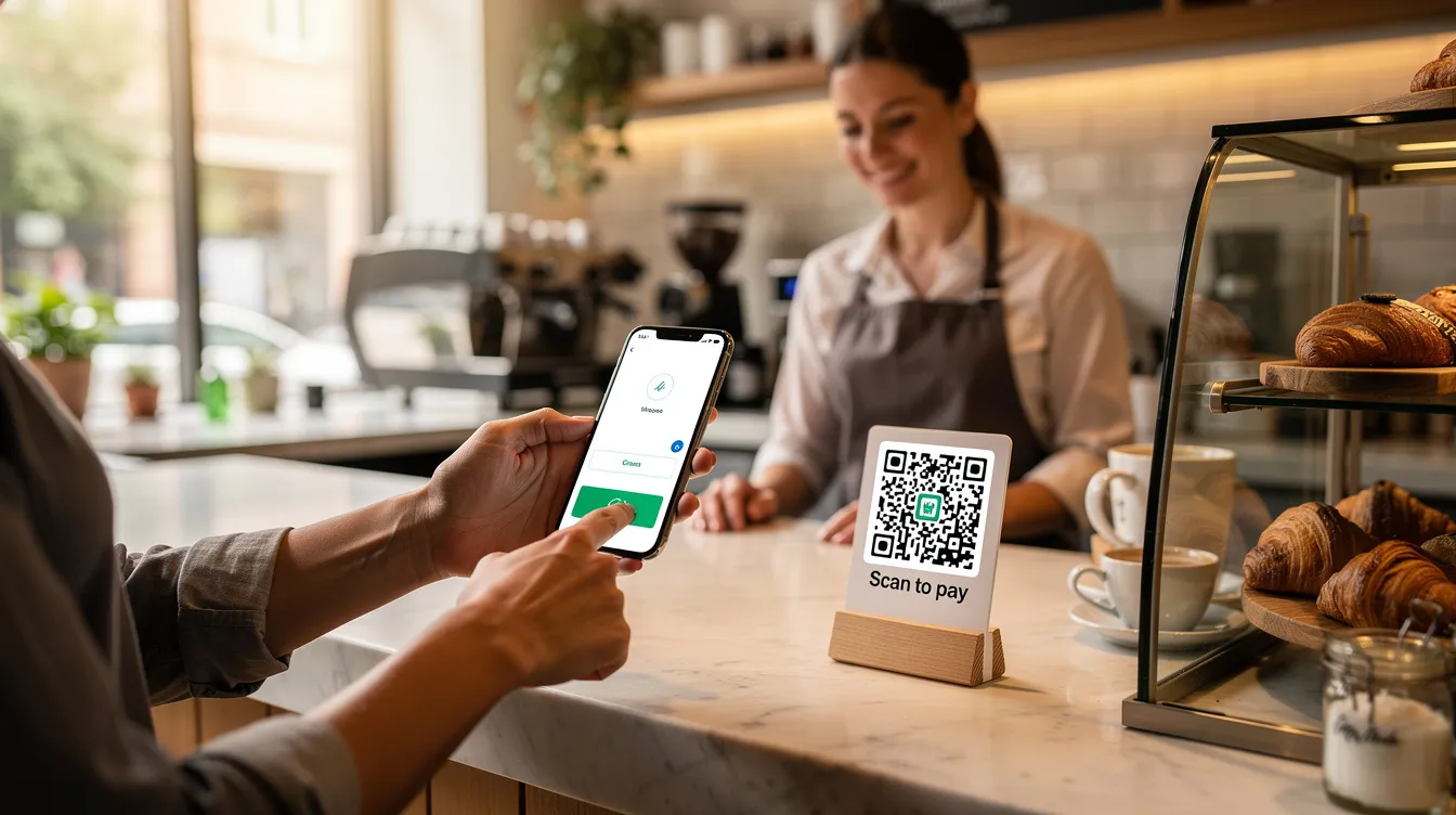 A person is at a café counter, using their mobile device to scan a QR code for payment, showcasing the convenience of mobile payment services like Samsung Pay or Kakao Pay in South Korea. This scene illustrates the growing trend of digital wallets and mobile payments for both online and offline purchases.
